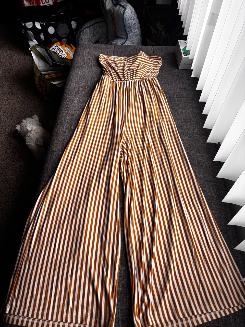 Striped Wide-Leg Jumpsuit in White & Mustard